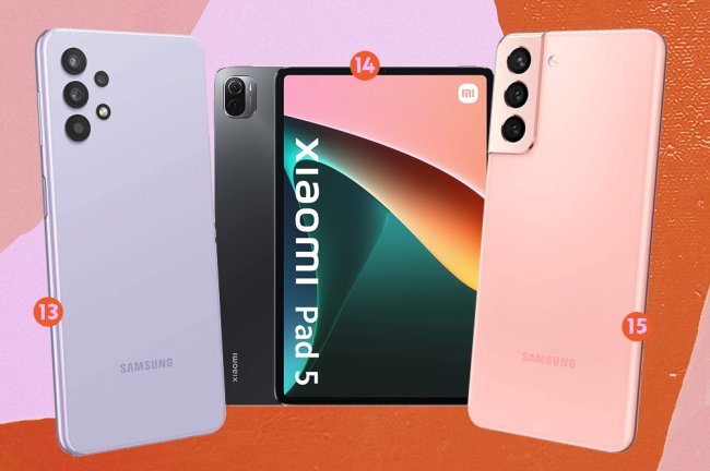 Montagem de produtos na promoção na Amazon. Na foto, um Galaxy lilás, um tablet e um Galaxy rosa