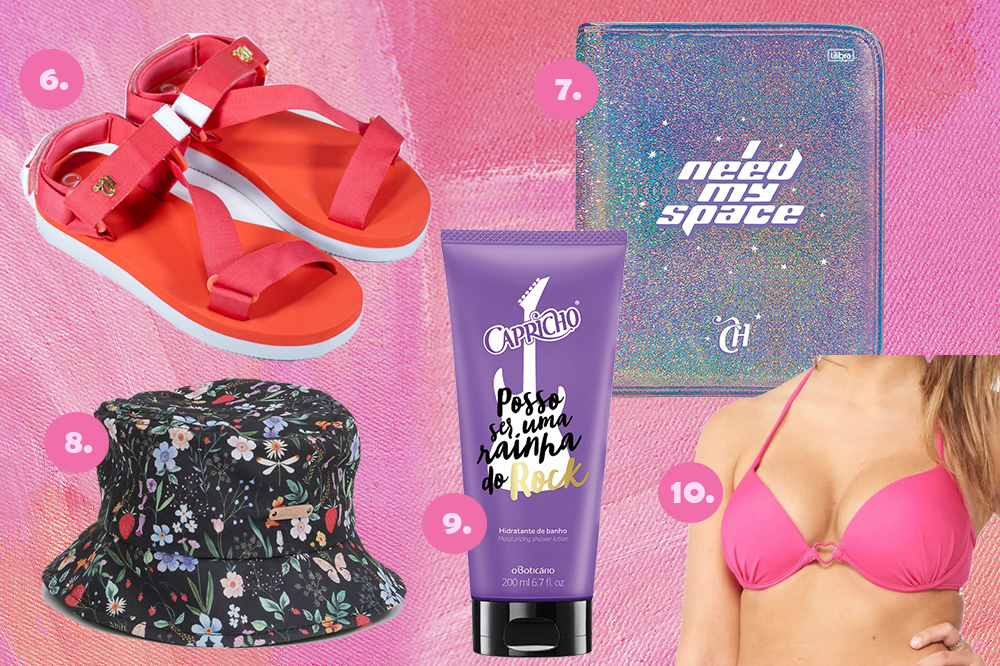black-friday-produtos-capricho-02 Montagem em fundo rosa com cinco produtos da CAPRICHO. Papete vermelha, fichário holográfico, chapéu de estampa floral, hidratante de embalagem preta e roxa e top de biquíni rosa.