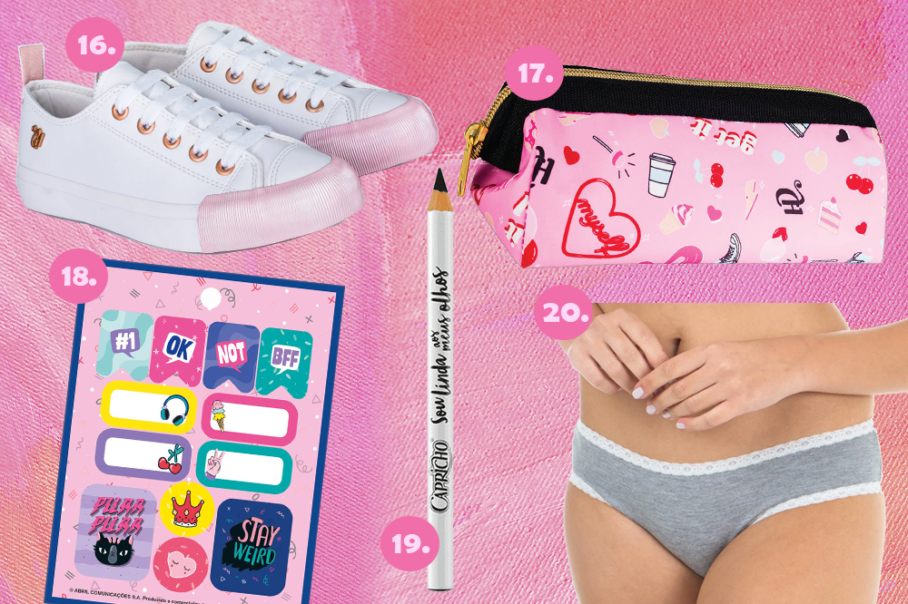 black-friday-produtos-capricho-04 Montagem em fundo rosa com cinco produtos da CAPRICHO. Tênis branco e rosa, estojo rosa, cartela de adesivos, lápis de olho preto e calcinha mescla.
