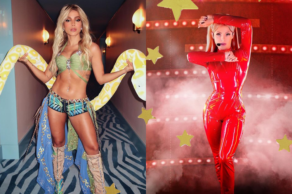 Fotos de duas mulheres vestidas de Britney Spears. Uma delas é a cantora Anitta e ela está vestida do clipe Slave 4 U