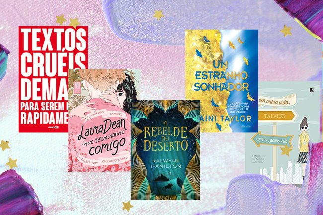 Colagem com a capa de cinco livros sobrepostas em um fundo de textura de tintas nas cores azul, roxo, verde, rosa e branco com estrelas amarelas como decoração