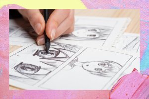 Foto de uma mão desenhando mangás