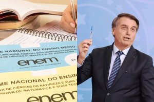 Fotos de dois cadernos do Enem, um azul e outro amarelo. À direita, a foto de Bolsonaro erguendo uma caneta azul na mão, como se tivesse feito algumas anotações