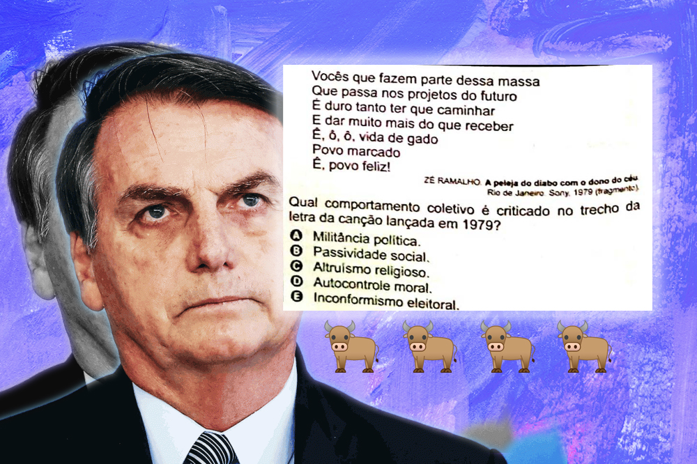 Montagem com uma foto de Jair Bolsonaro com cara amarrada e uma pergunta do Enem sobre "vida de gado"