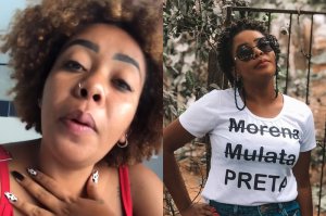 Imagens de uma jovem negra, de cabelo black power. Na foto à direita, ela usa uma camiseta com os dizeres: 