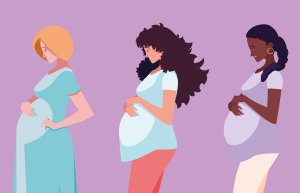 Ilustração de mulheres grávidas. Uma é loira, outra é morena de pele clara e a outra é negra