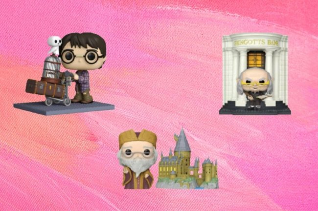 Fundo rosa. Imagem de bonecos: Harry com suas malas e coruja indo para Hogwarts, duende na frente do banco, Dumbledore e Hogwarts.