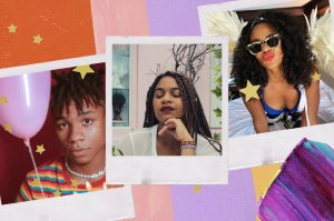 Montagem com fotos de influenciadores negros para seguir no Instagram. As imagens estão dentro de polaroids, o fundo é colorido e com estrelas douradas