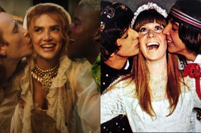 Montagem com cena do clipe de Bossa Nossa, da Manu Gavassi, em que ela faz referência a uma foto clássica dos Mutantes, com a Rita Lee ao centro, vestida de noiva, sendo beijada pelos irmãos Arnaldo Baptista e Sérgio Dias