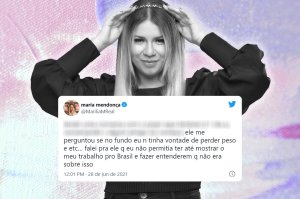 Foto em preto e branco da cantora Marília Mendonça. Ela usa um vestido preto e segura uma tiara na cabeça. Na frente dela, um tweet da artista falando que seu sucesso não tinha a ver com sua aparência