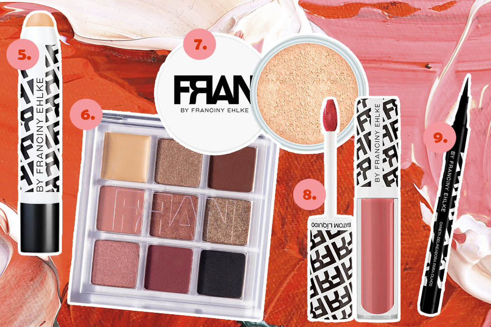 Montagem com cinco produtos da marca de maquiagem da Franciny Ehlke em fundo rosa e vermelho