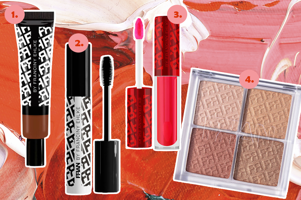 Montagem com quatro produtos da marca de maquiagem da Franciny Ehlke em fundo rosa e vermelho