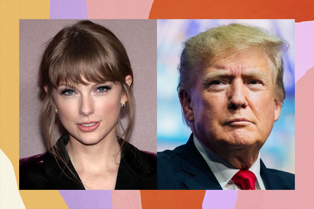 Montagem de foto de Taylor Swift à esquerda (cabelos loiros com franja e roupa na cor vinho) e Donald Trump à direita (cabelo loiro, expressão séria e terno azul com gravata vermelha).