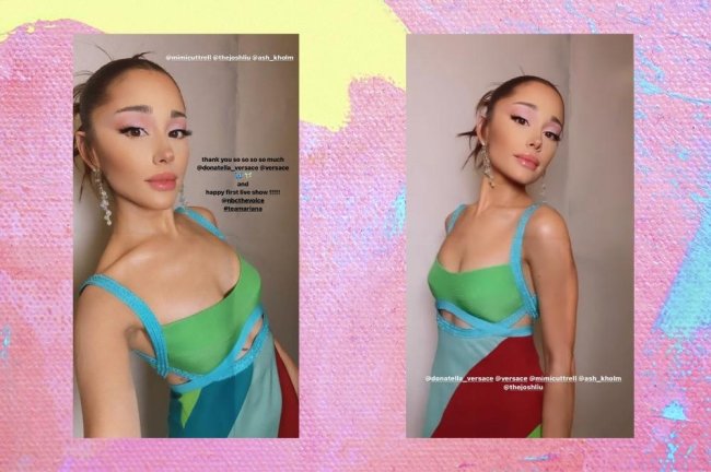 vestido-de-repente-30-ariana-grande Montagem com o fundo rosa e amarelo com duas fotos dos stories da Ariana Grande. Ela usa um vestido inspirado no filme De Repente 30 com coque espetado e maquiagem. Em ambas as fotos ela olha para a câmera e não sorri.