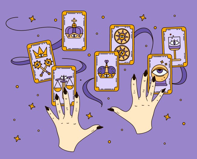 Ilustração das mãos de uma mulher tirando um jogo de Tarot. Ela tem as unhas pretas e compridas, e o fundo é lilás