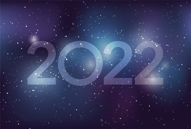 Foto do espaço, cheio de estrelinhas pratas, com o ano 2022 escrito no céu
