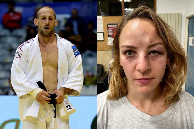 Foto do judoca Alain Schmitt no tatame. Ao lado, imagem da sua esposa e atleta com o rosto desfigurado, após sofrer violência doméstica do marido