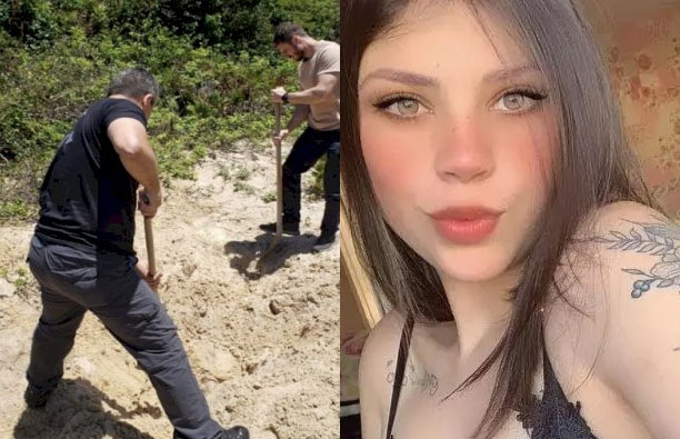 Imagem da polícia resgatando o corpo de Amanda, encontrado em praia de SC. Ao lado, foto da jovem postada nas redes sociais