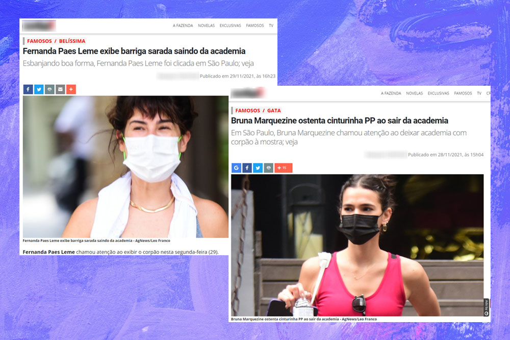 A sociedade que acredita em quem vende balinha pro cabelo usando mega hair Print de duas matérias publicadas na internet: uma sobre a barriga chapada de Fernanda Paes Lemes e outra sobre a cintura PP de Bruna Marquezine