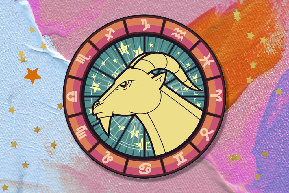 Ilustração do signo de Capricórnio. Um carneiro bege se encontra no meio de um círculo, envolto pelos outros signos do zodíaco