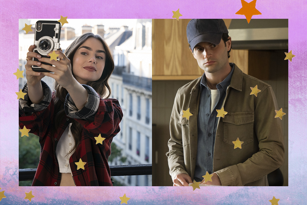 Montagem com duas imagens de Emily e Joe, das séries Emily em Paris e Você, da Netflix; na primeira Emily está em uma janela tirando uma selfie e sorrindo levemente; na segunda Joe está em uma cozinha de boné e expressão séria; a margem é uma textura em tons de roxo, azul e rosa com estrelas amarelas e laranjas como decoração