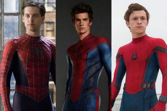 Montagem dos três atores que interpretaram Homem-Aranha vestidos com o traje.