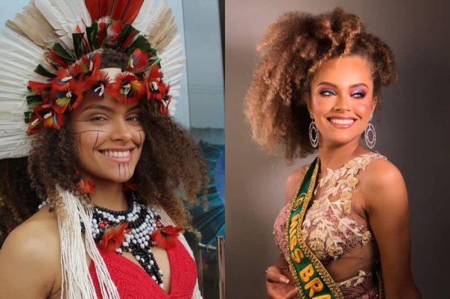 Fotos de Elâine Souza, eleita a primeira Miss Brasil indígena. Em ambas as fotos, ela sorri. Ela tem o cabelo crespo e olhos claros