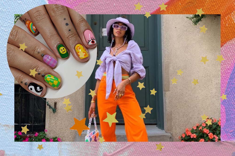 Montagem de garota usando look color block com chapéu e top cropped lilás e calça laranja. Em um círculo, há uma mão com unhas que possuem desenhos divertidos em cada dedo