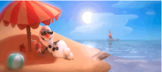 Olaf, de Frozen, tomando sol com óculos de sol, um drink e fechando um guarda-sol
