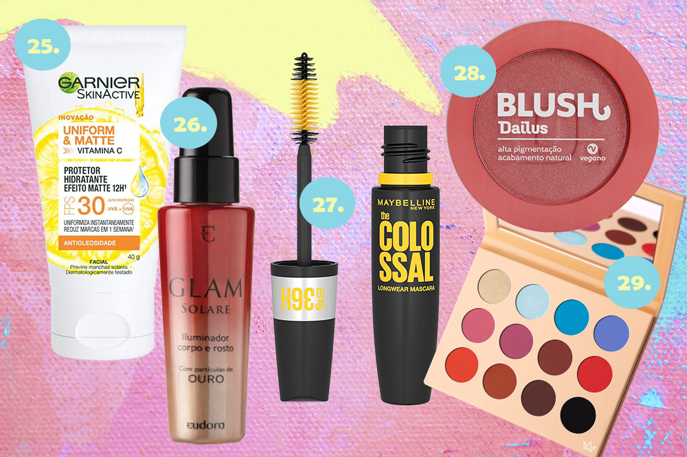 produtos-beleza-verao-maquiagem-01- Montagem em fundo rosa, amarelo e azul com cinco produtos de beleza para o verão. Protetor solar com cor, creme iluminador para corpo, máscara de cílios, blush e paleta de sombras.