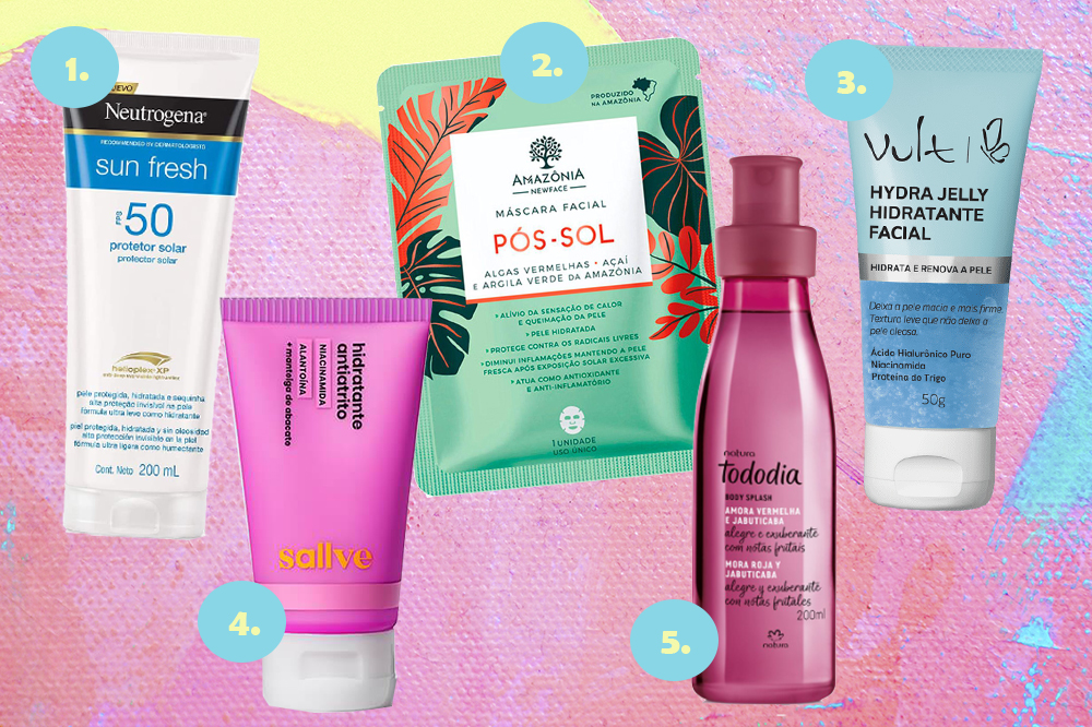 Montagem em fundo rosa, amarelo e azul com cinco produtos de beleza para o verão. Protetor solar, hidratante corporal, máscara facial, body splash e hidratante facial.