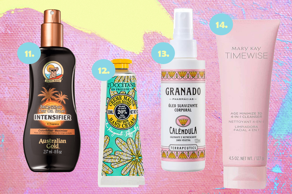 produtos-beleza-verao-pele-03 Montagem em fundo rosa, amarelo e azul com quatro produtos de beleza para o verão. Bronzeador, creme para mãos, óleo corporal e gel de limpeza facial.