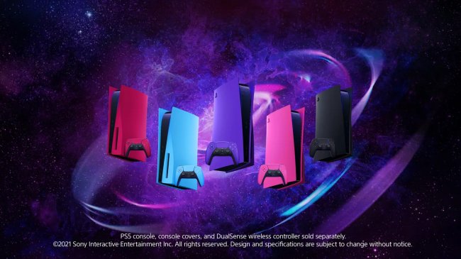 Imagens dos consoles coloridos do PS5, nas cores vermelho, azul, roxo, rosa e preto
