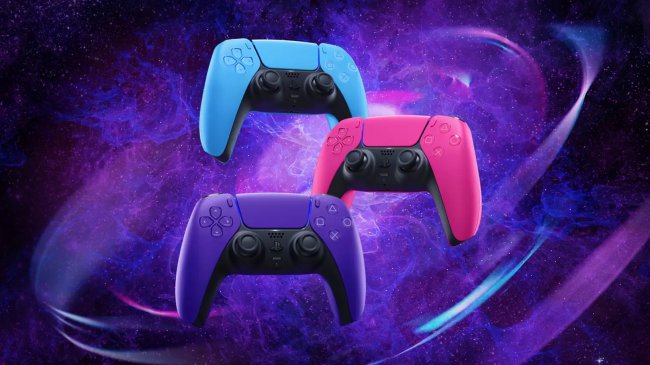 Imagens dos controles coloridos do PS5, nas cores roxo, azul e rosa
