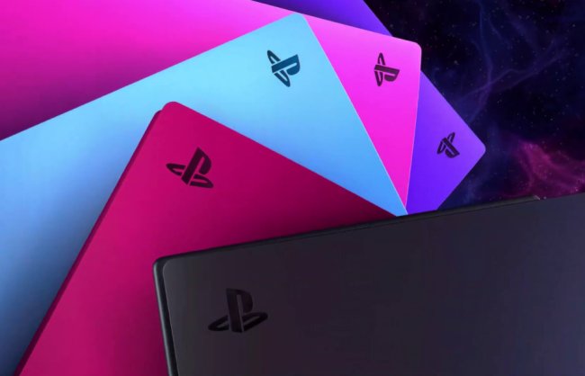 Imagens dos consoles coloridos do PS5, nas cores vermelho, azul, roxo, rosa e preto