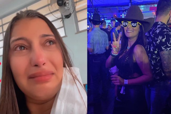 Print de Story postado por influenciadora que foi estuprada em rodeio. Ela está chorando. Ao lado, uma foto da moça, na festa, antes do crime, sorrindo