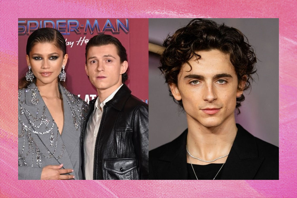 À esquerda, Zendaya e Tom posando para fotos no tapete vermelho de Homem-Aranha 3. À direita, Timothée com roupa preta posando para foto.