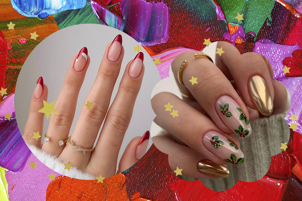 Montagem em fundo de tintas coloridas com duas nail arts de Natal e estrelinhas douradas por cima. À esquerda, a unha é uma francesinha vermelha. À direita, a mão está com unhas douradas e outras com desenhos de folhas.