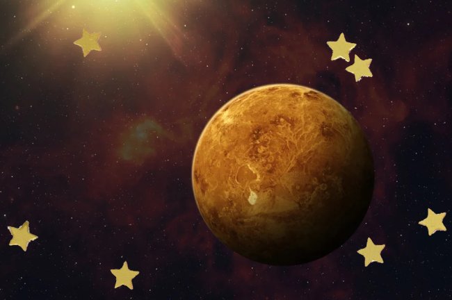 Foto do planeta Vênus no espaço. Ele é alaranjado e tem umas estrelinhas douradas salpicadas ao redor