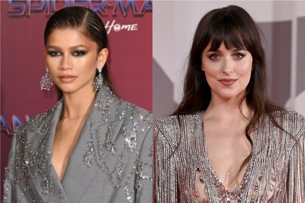 Montagem com foto de Zendaya à esquerda e Dakota Johnson à direita