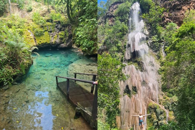 montagem de duas fotos da cachoeira 'boca da onça'. O lugar tem águas cristalinas e uma vegetação verde com rochas, que são predominante.