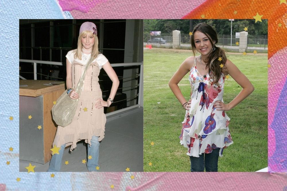 Montagem com o fundo colorido e detalhe de estrelinhas douradas com uma foto da Ashley Tisdale e uma foto da Miley Cyrus nos anos 2000 com um look de vestido com saia.