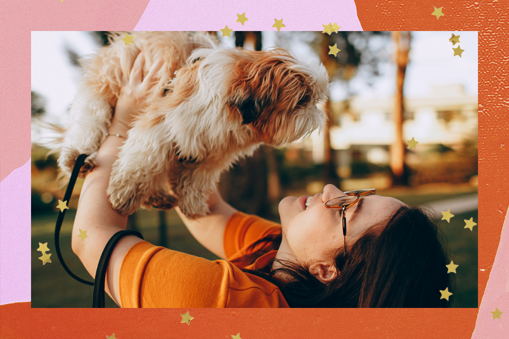 Uma jovem com óculos usando camisa laranja segurando um cachorro branco e marrom