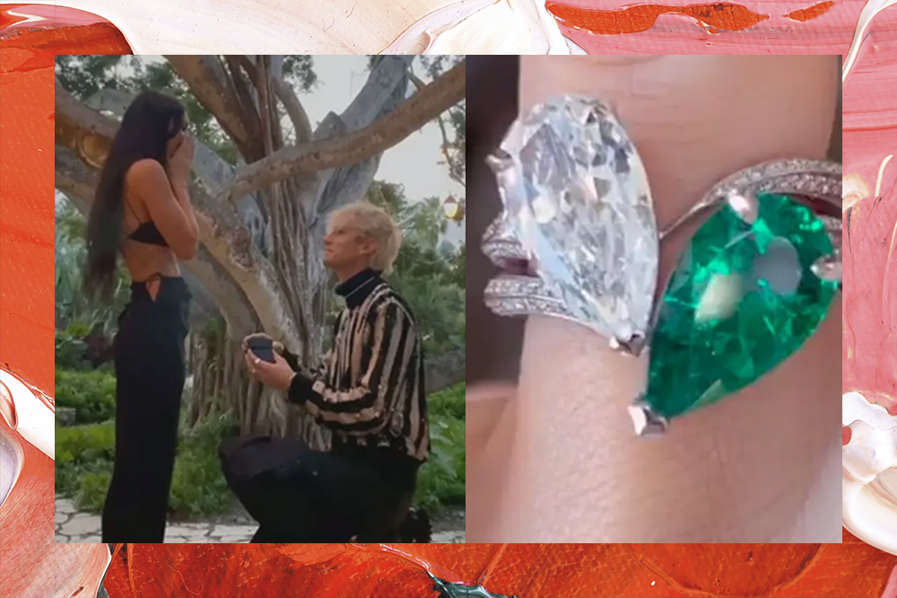 Imagem do momento em que Megan Fox foi pedida em noivado e, ao lado, a foto do anel "espinhento"