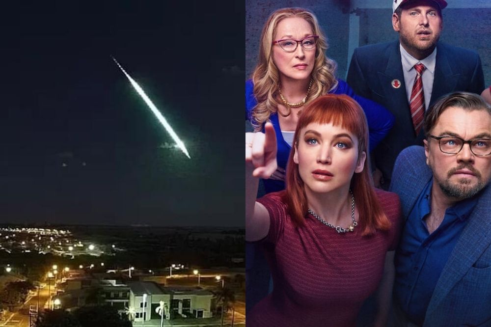 Foto de meteoro caindo e uma foto de divulgação de Don't Look Up.
