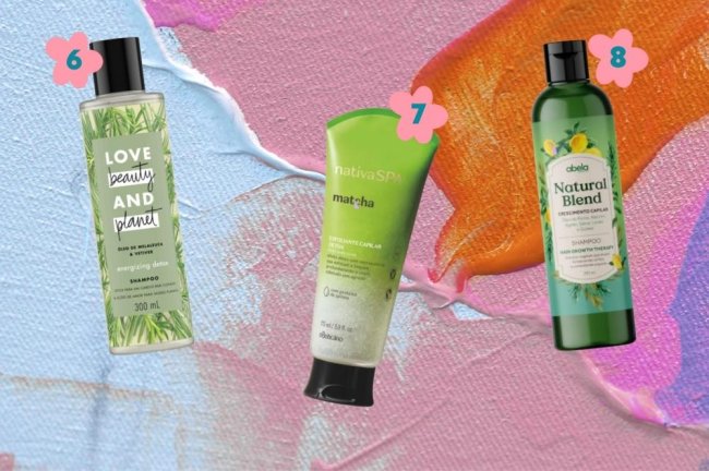 Montagem com o fundo colorido com a imagem de 3 opções de shampoos detox indicados para cabelos lisos.