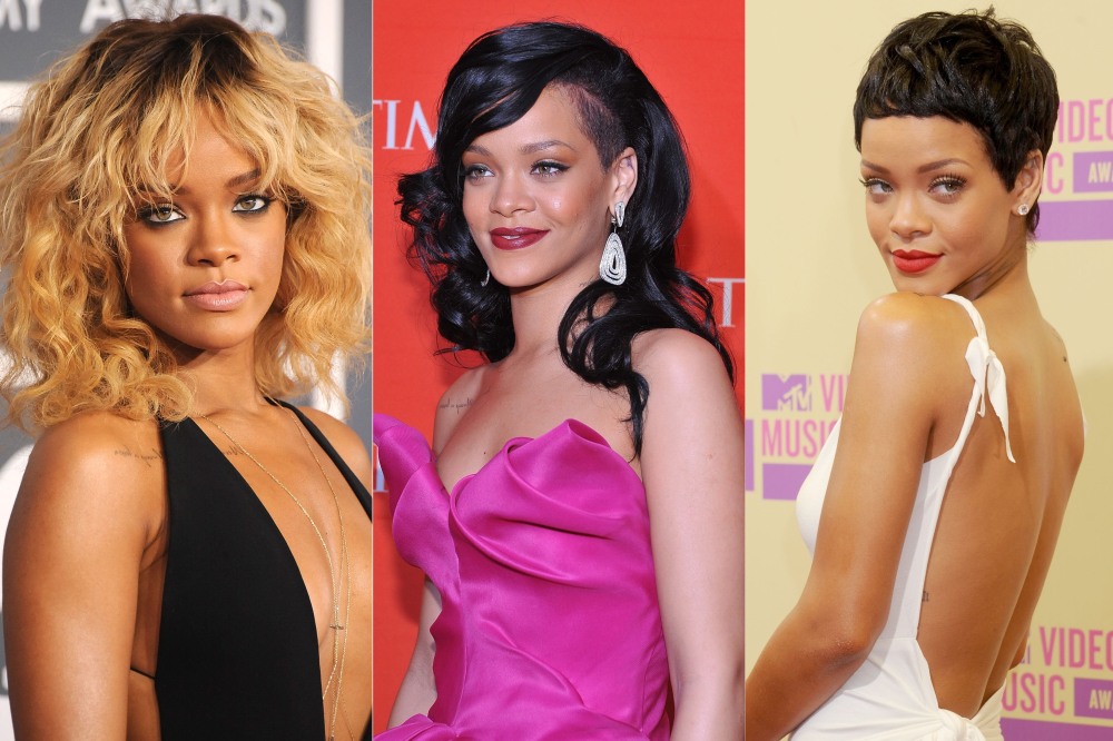 Os cabelos de Rihanna em 2012: loira, com fios pretos e lateral raspado e pixie cut