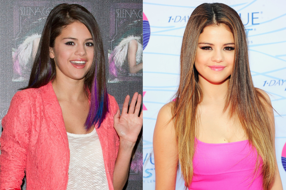Os cabelos de Selena Gomez em 2012: morena com pontas coloridas e cabelo longo levemente iluminado
