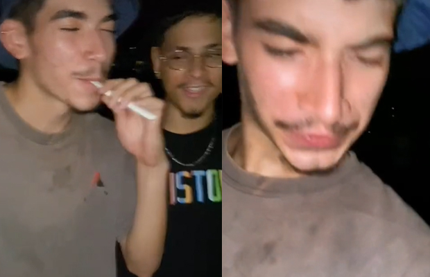 Prints de um menino, com bigode e bucket hat, vaporizando sem querer um teste de gravidez e depois com cara de nojo ao perceber que 