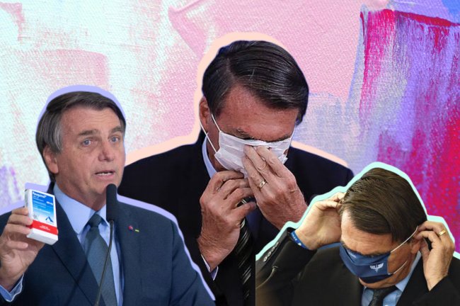Fundo colorido com colagem de fotos do presidente Bolsonaro usando máscaras de forma errada.